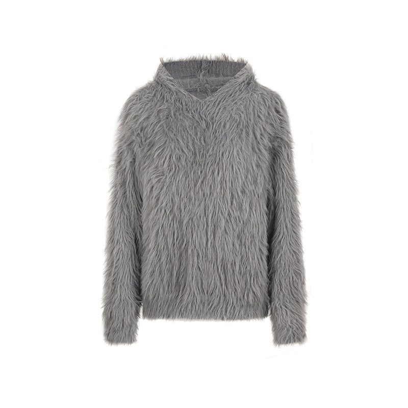 Gray long-fur knit pullover sweater, back view