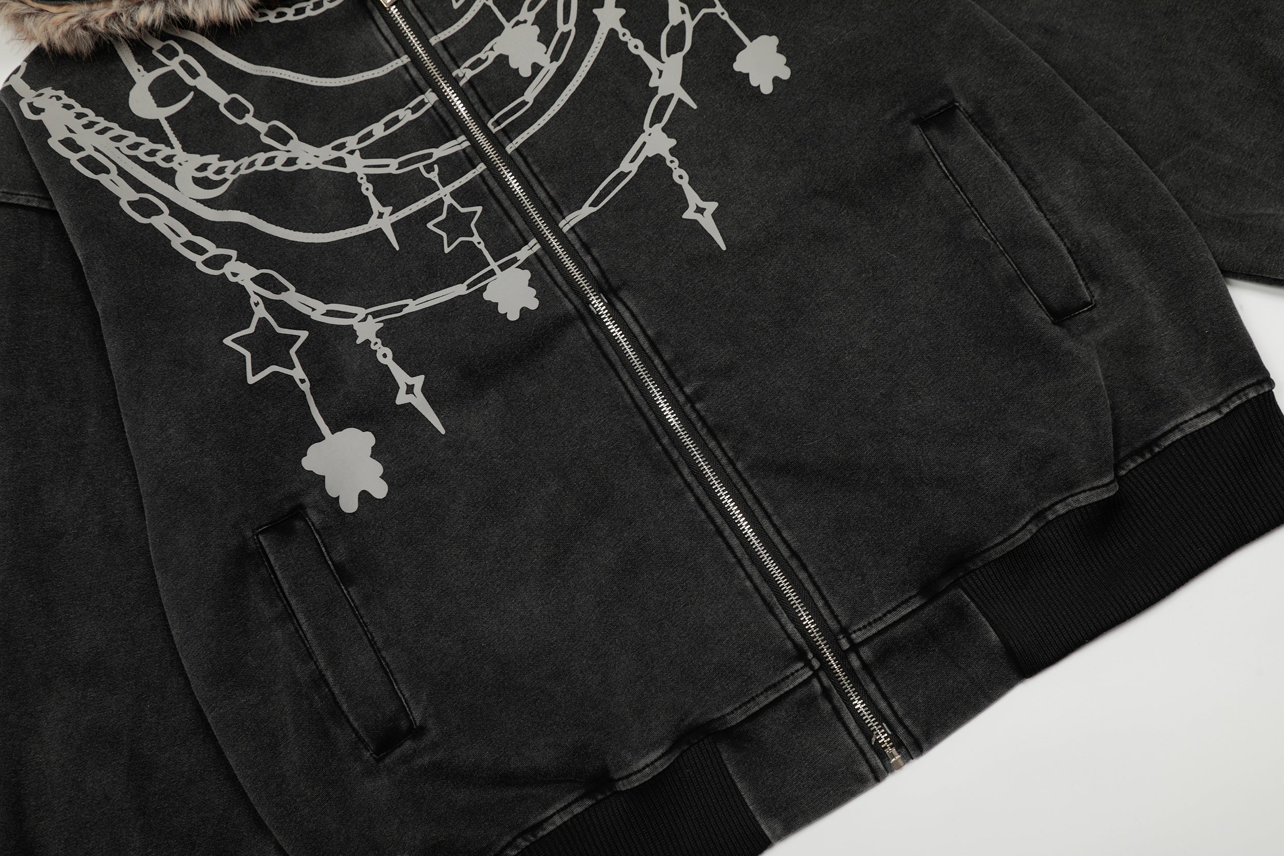 Chain Print Faux Fur Trim Zip-Up Hoodie Jacket | Dark Streetwear