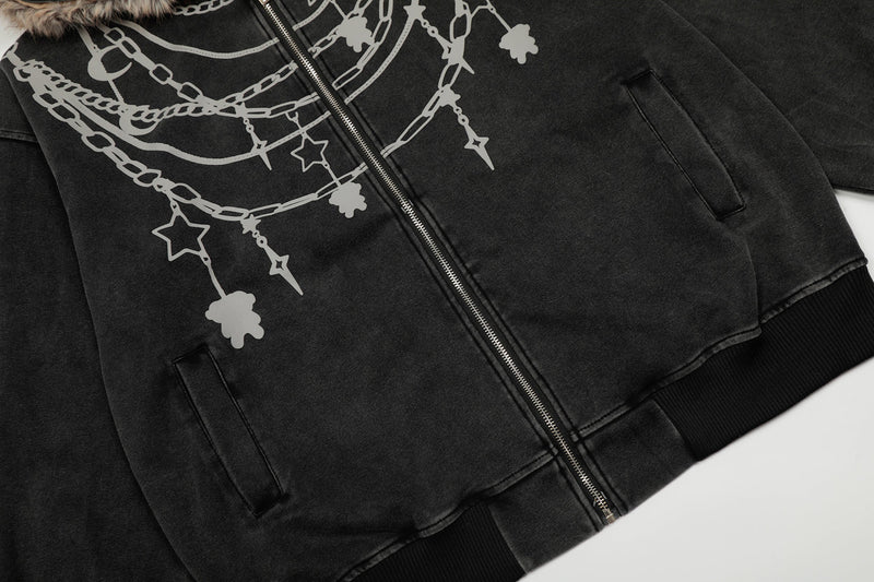 Front view of black zip-up hoodie jacket with chain print and angled welt pockets