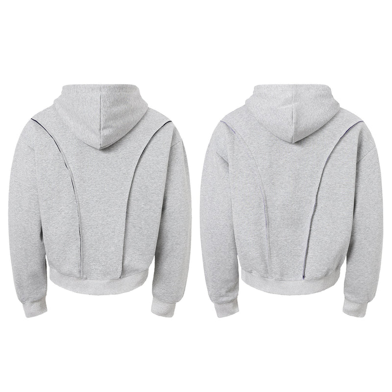 Light gray hoodie back view with contrast seam lines and hood
