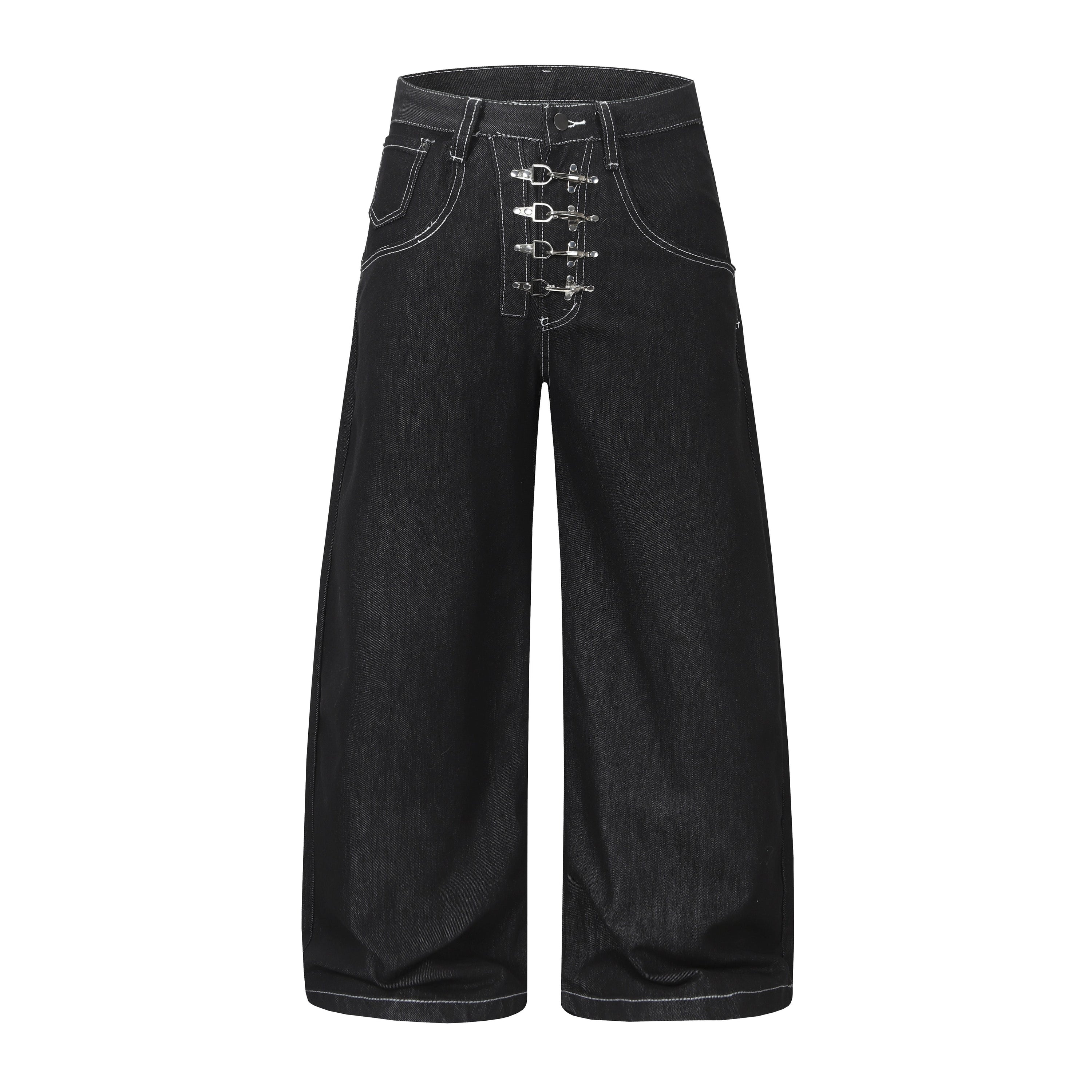 Front view of black wide-leg denim pants with silver metal buckle closures and white contrast stitching