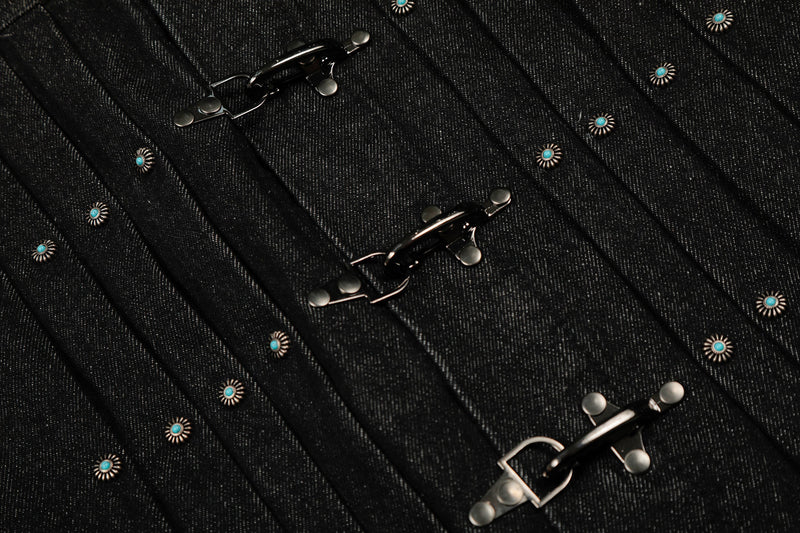 Metal Buckle Pleated Black Denim Jacket | Cropped Boxy Fit