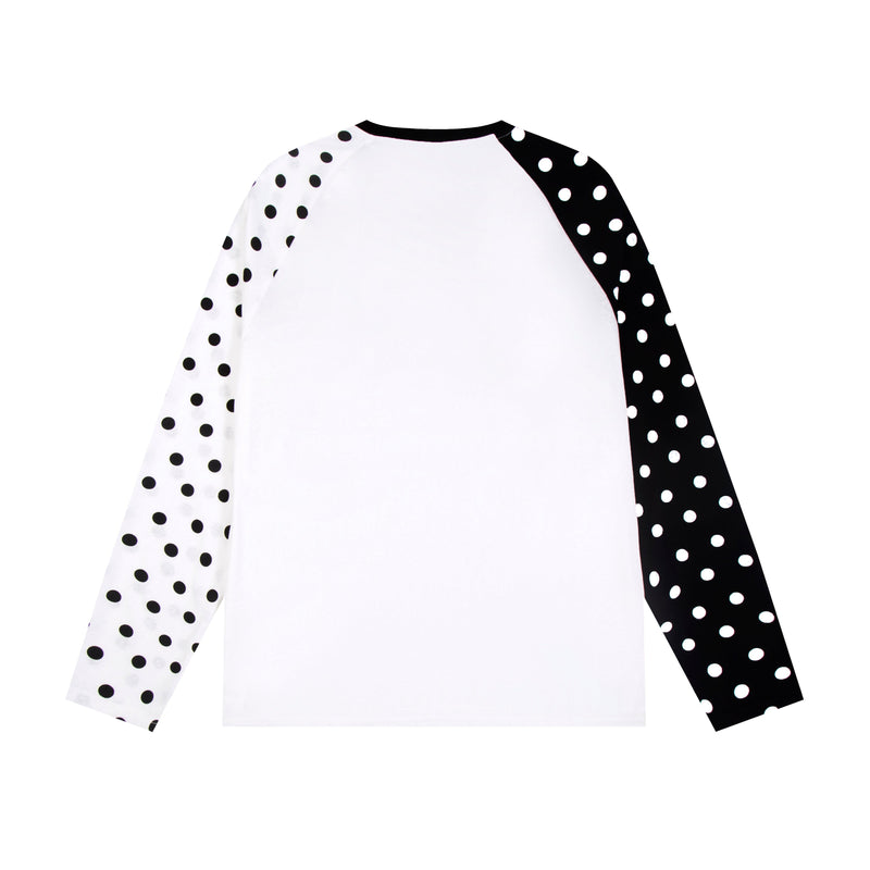 Back view of white raglan long sleeve tee with black polka dot sleeves