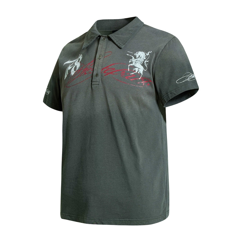 Dark gray vintage graphic polo tee with collar, button placket, and white-red abstract streetwear print