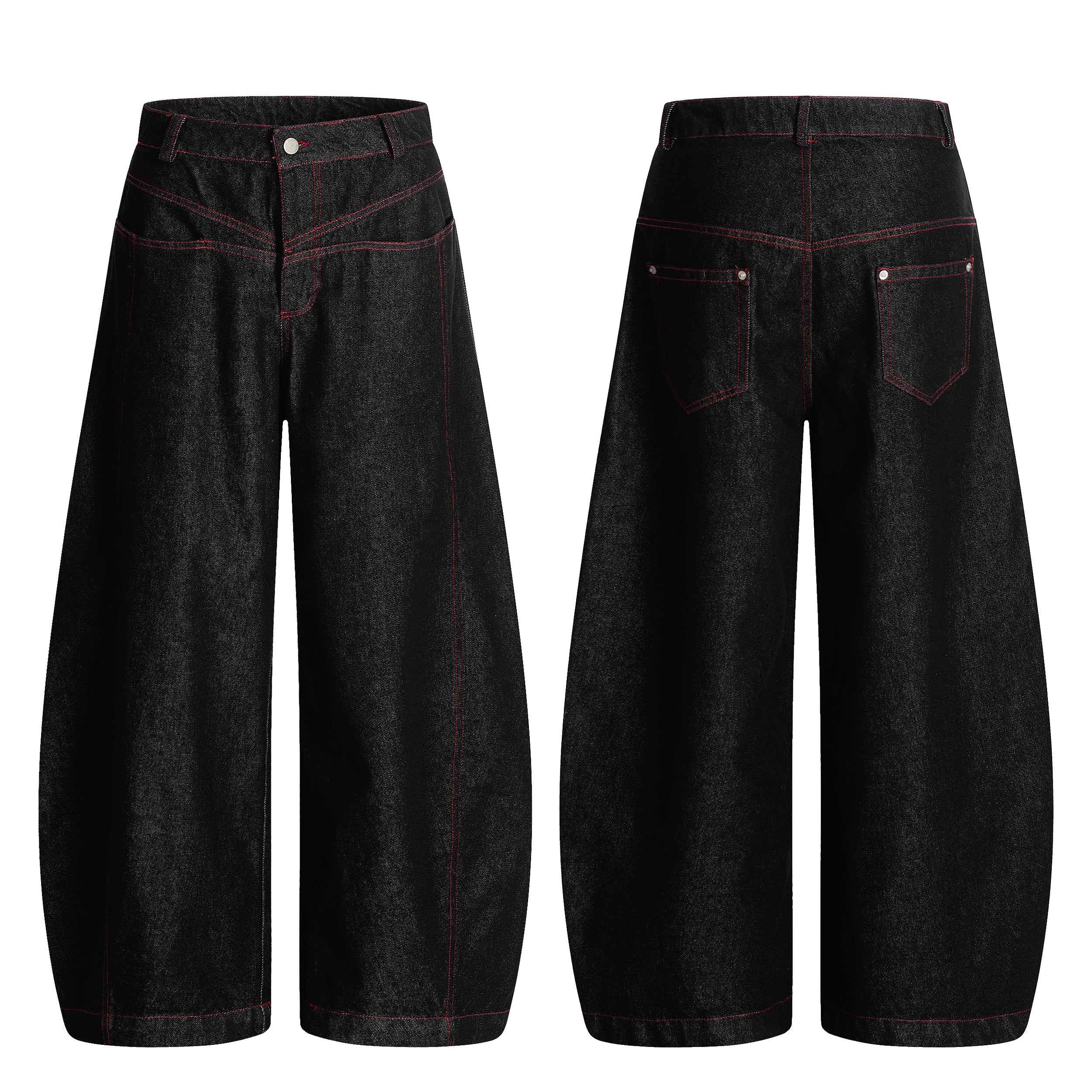 Front and back view of black barrel-fit wide-leg jeans with red contrast stitching and five-pocket design