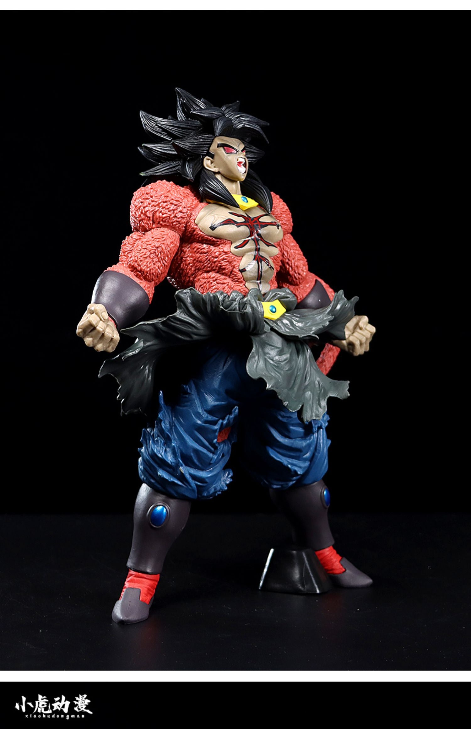 The Super Saiyan Broly Collectible Figure by Seakoff is a 33cm premium action figure depicting an anime character with spiky black hair and red fur on the upper body, in a dynamic pose with torn blue pants against a dark backdrop, capturing the intense spirit of Dragon Ball Z.