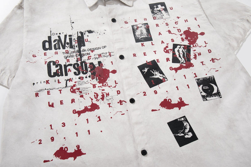 White short sleeve button-up shirt with distressed red and black archive-style graphic print