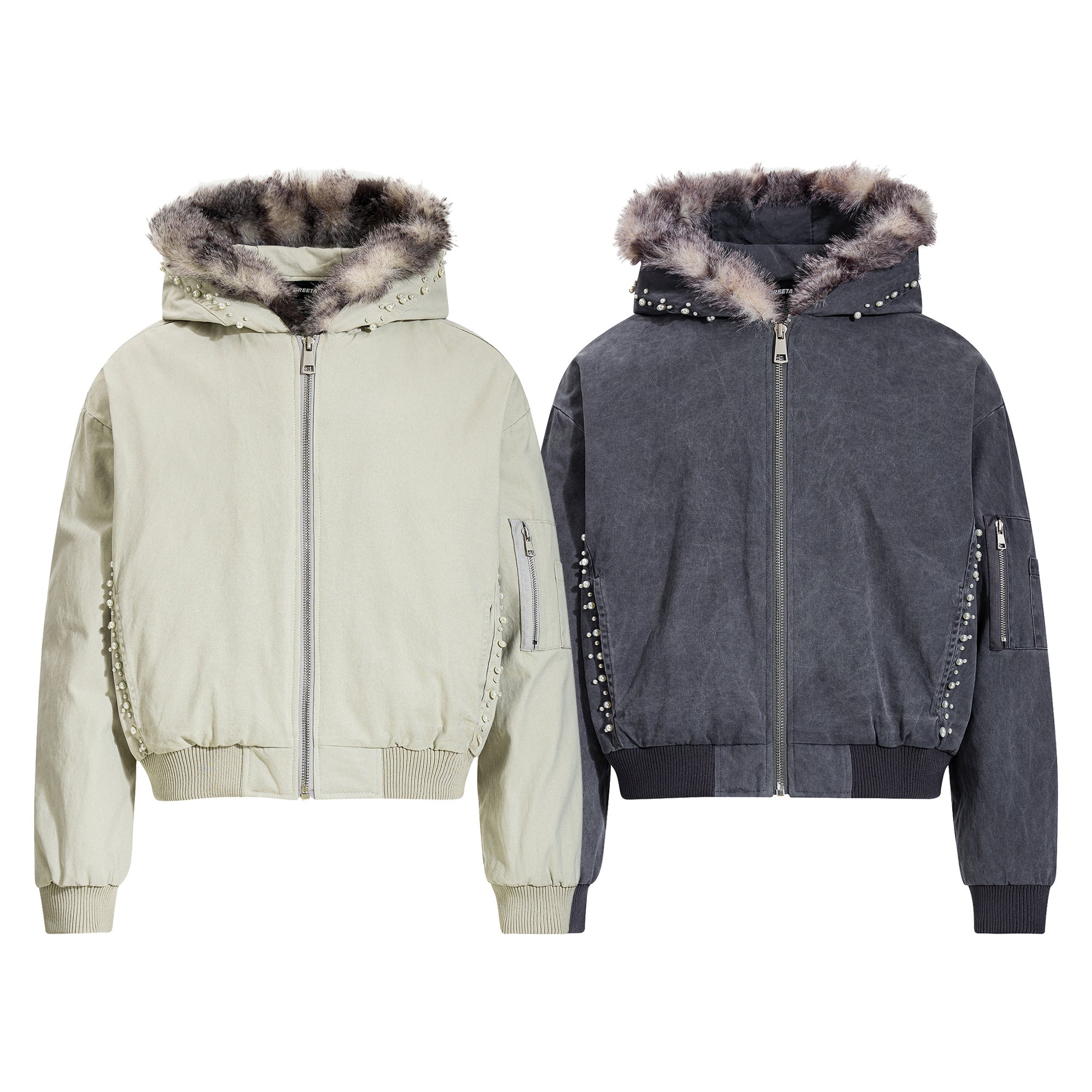 Studded faux fur-trim hooded bomber jackets in washed sage and washed charcoal, front view