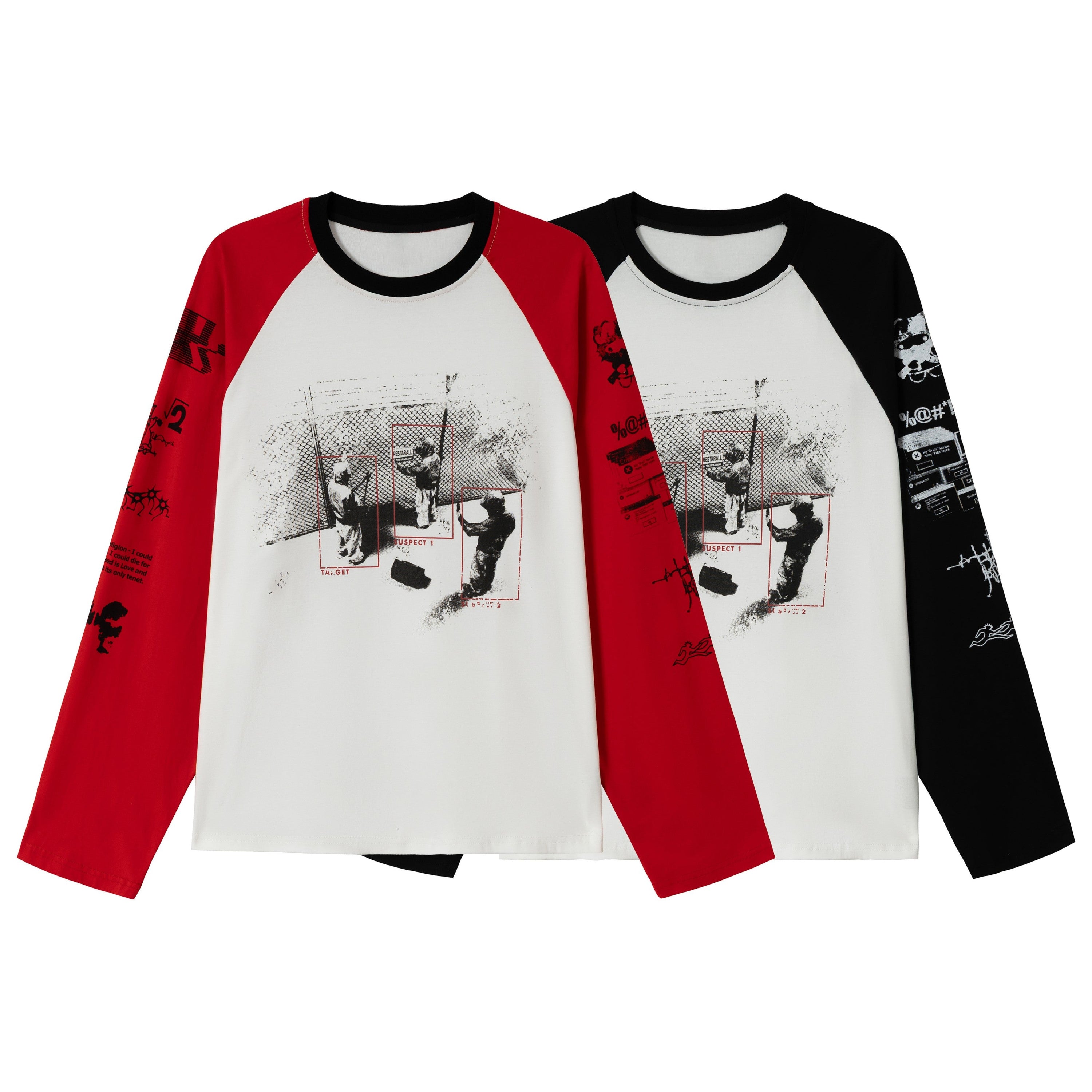 White raglan long-sleeve t-shirt with red contrast sleeves and bold black and red collage graphic print on the front