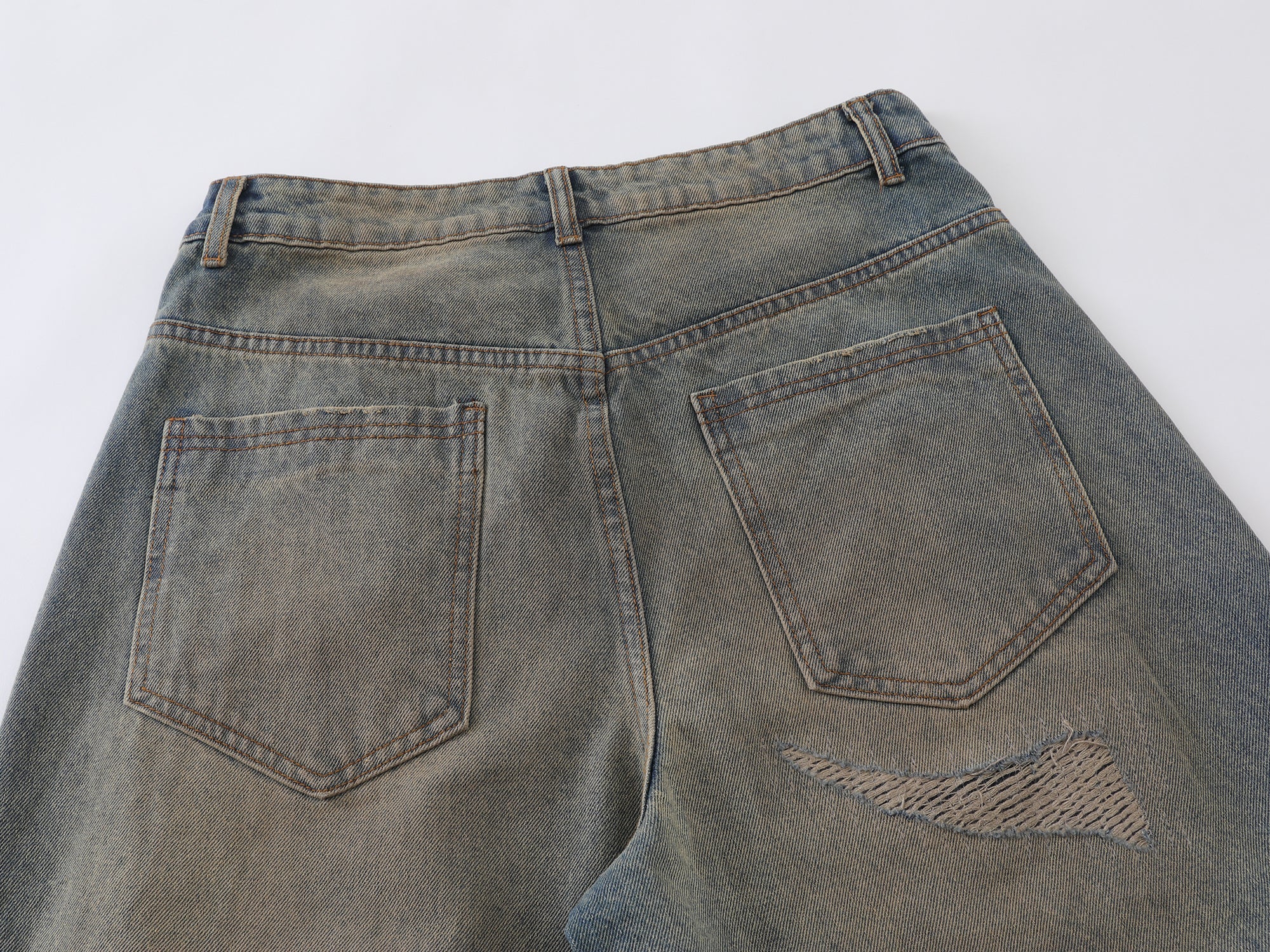 Omirad Distressed Curved Wide-Leg Jeans | Vintage Wash Denim