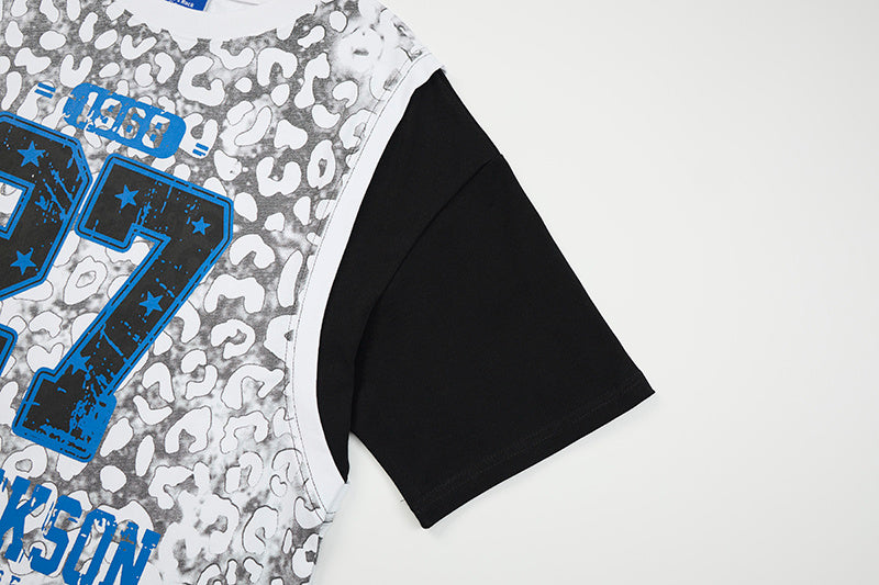 Leopard print mesh layered graphic T-shirt with black short sleeves and bold blue varsity number print