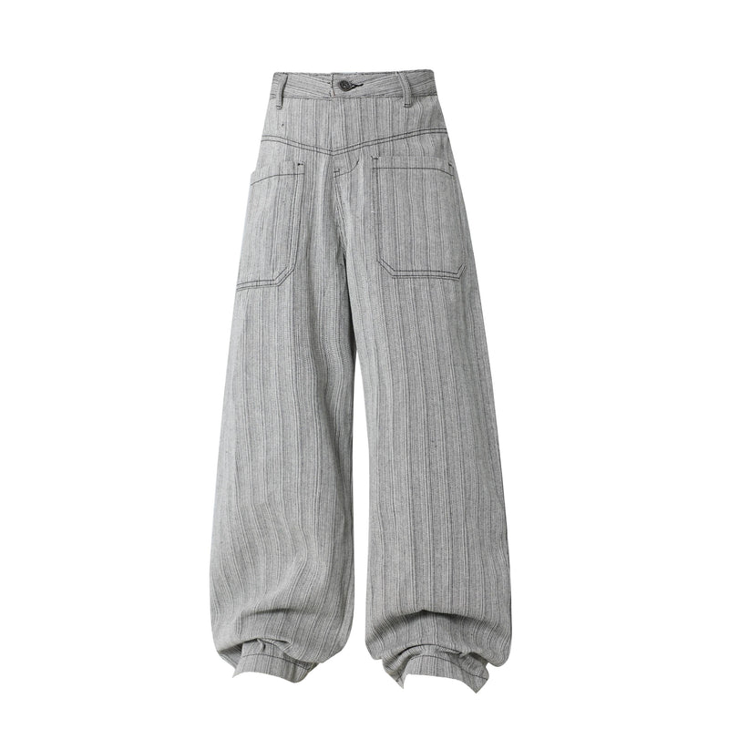 Gray wide-leg utility balloon pants with front button closure and stitched cargo-style pockets