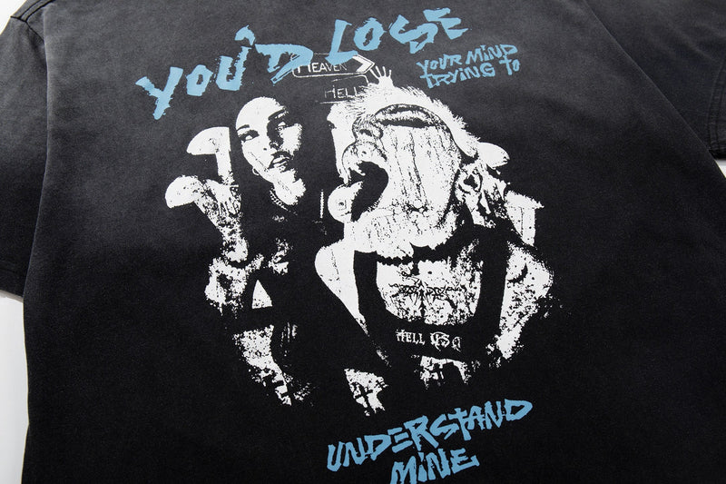 Black washed vintage tee with punk face graphic and blue grunge text reading You'd Lose and Understand Mine