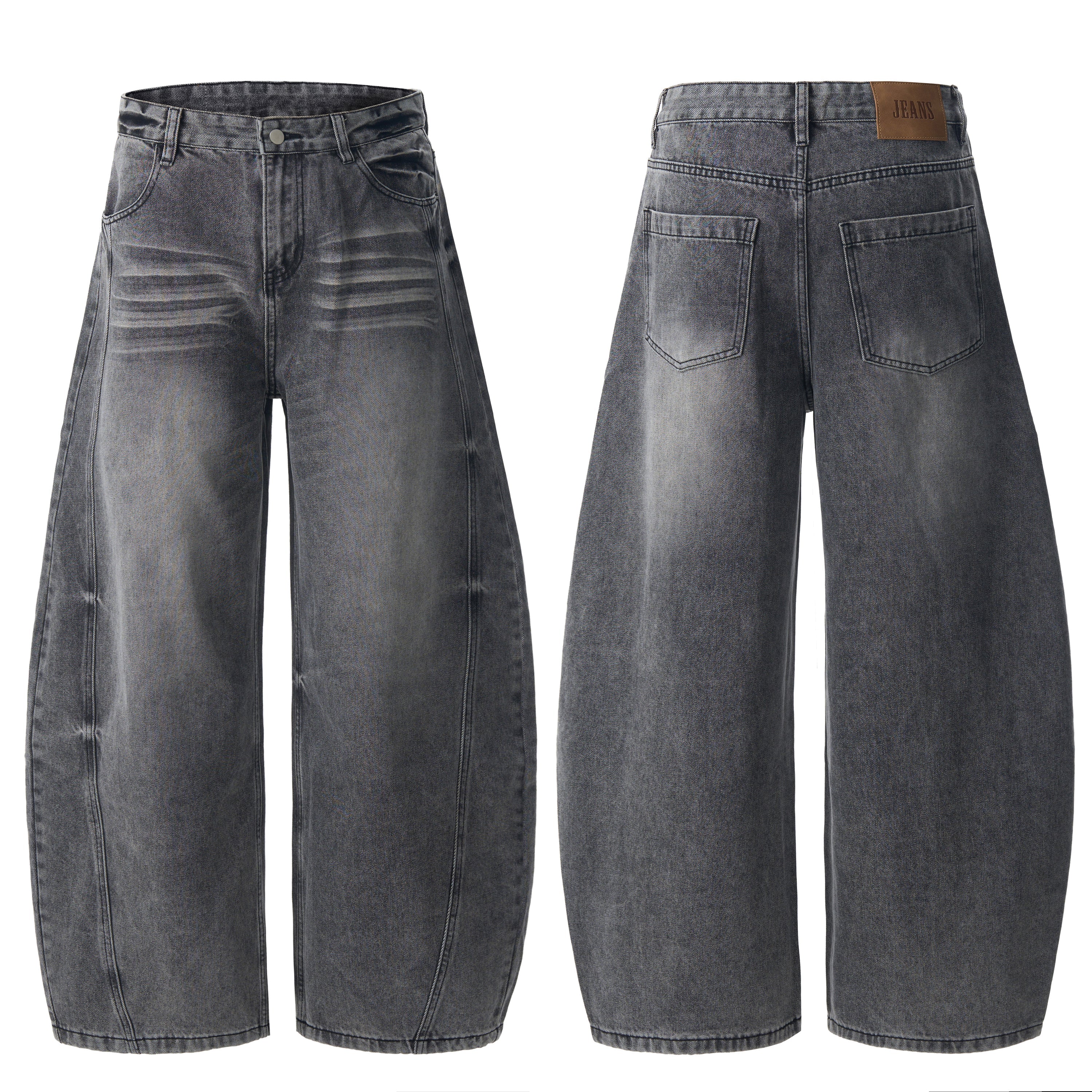 Front and back view of grey washed barrel-leg denim jeans with wide arc-leg silhouette and paneled seam detailing