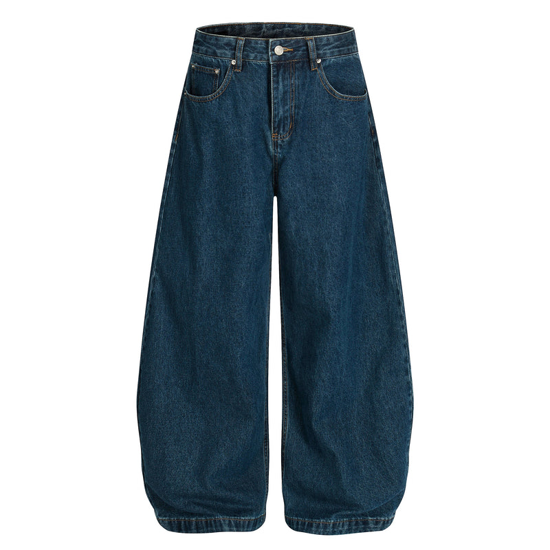 Deep indigo wide-leg jeans front view with high waist and five-pocket styling