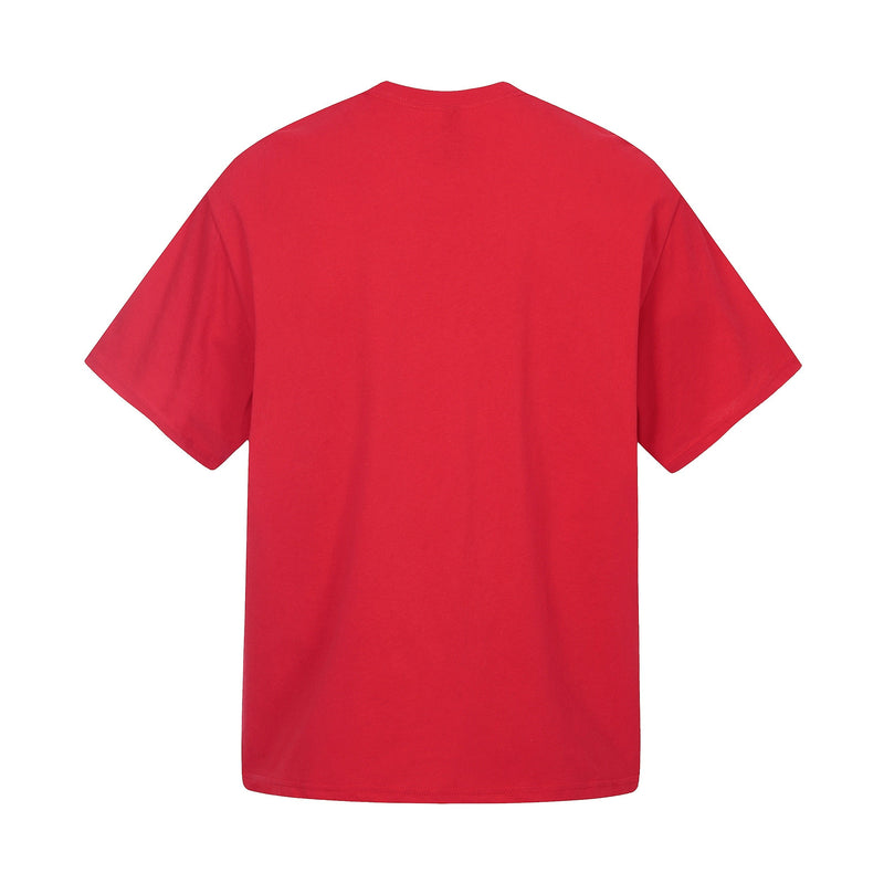 Bright red short sleeve graphic tee with a smooth back view and relaxed oversized fit