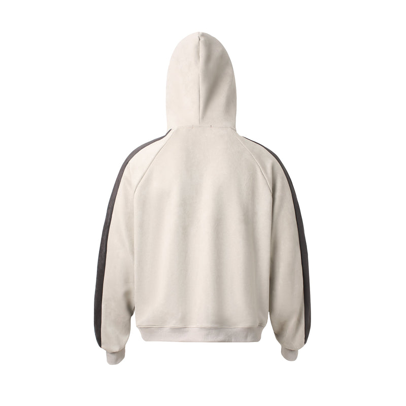 Back view of beige hooded zip sweatshirt with black side panels and plain suede-finish back