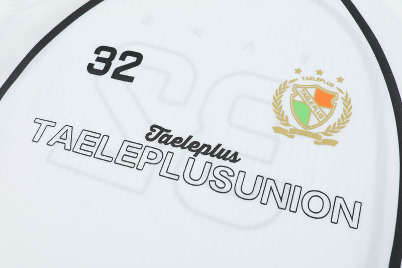 White Taeleplus Union 32 sports jersey tee with black trim, crest logo, and bold soccer-inspired streetwear graphics