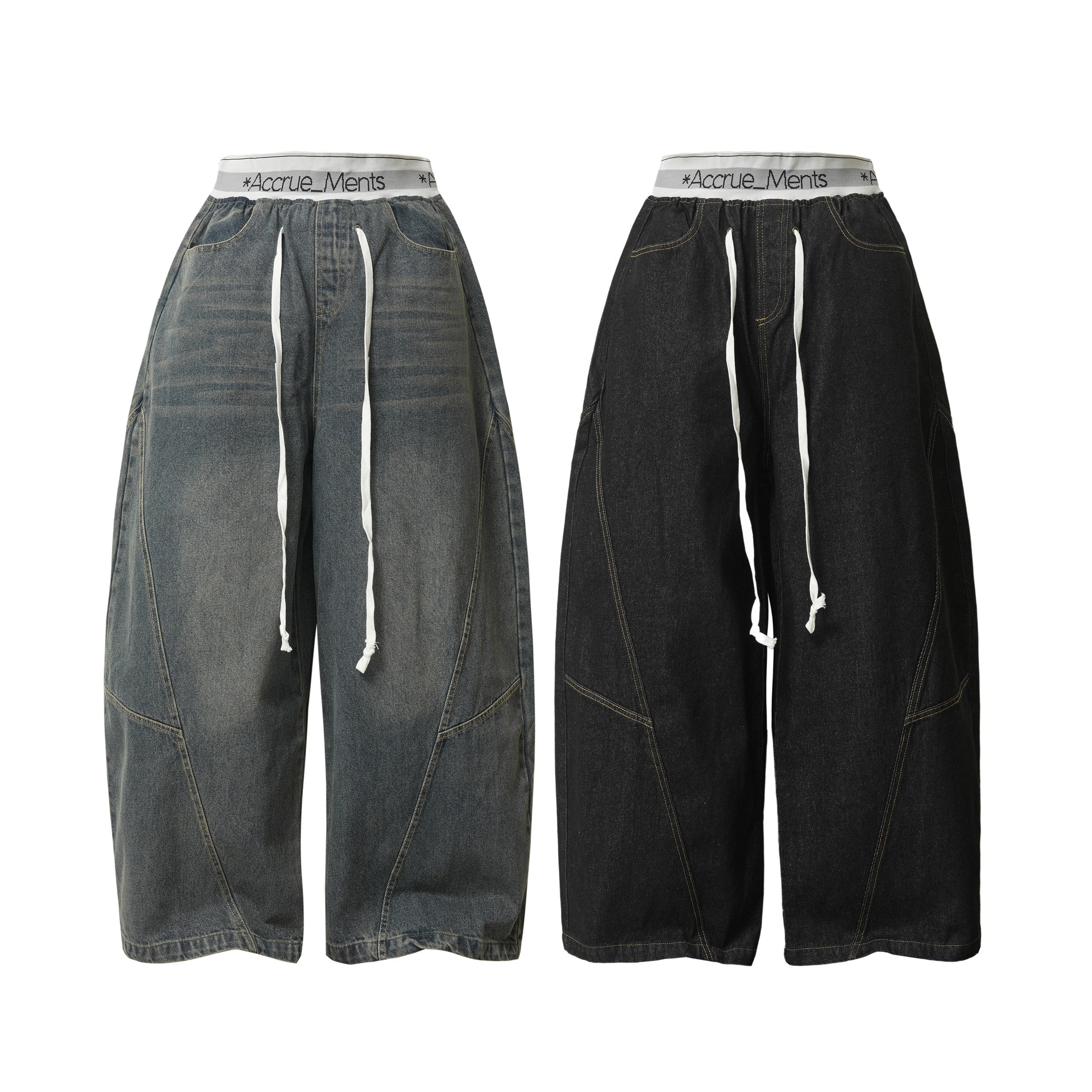 Accrue_Ments wide-leg drawstring denim pants in vintage washed grey and black, shown side by side on white background