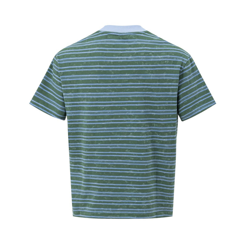 Vintage green striped ringer T-shirt with light blue collar and sleeves, shown from the back on a white background