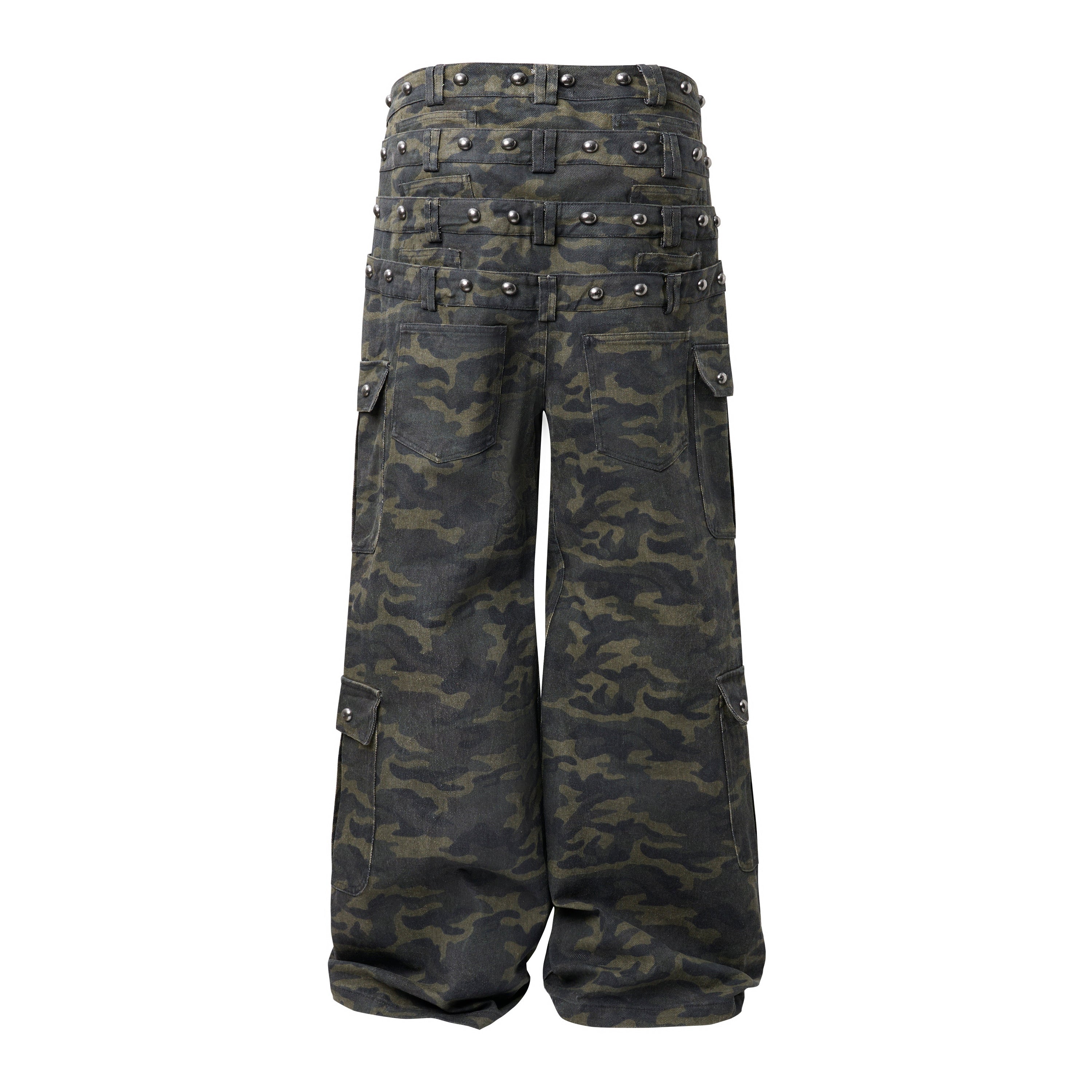 Back view of dark olive camo wide-leg cargo pants with layered studded belt straps and flap cargo pockets