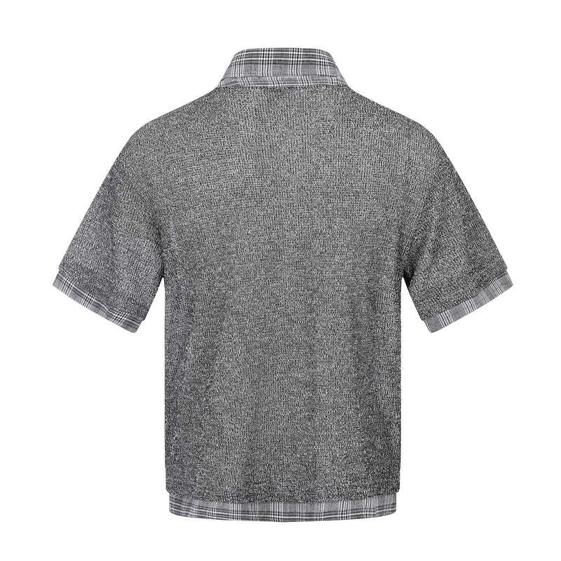 Gray layered knit check shirt with plaid collar, cuffs, and hem, featuring a textured cotton streetwear look