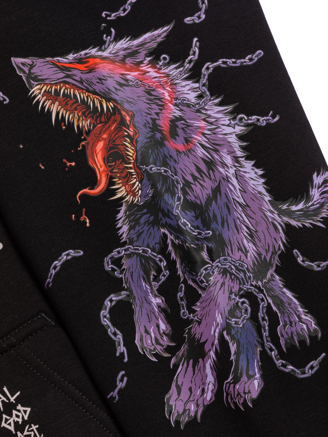 A snarling purple wolf with red accents and an open mouth, surrounded by broken chains, evokes the fierce spirit of the Berserk Guts Anime Hoodie by Berserk. The spiky fur pops against a dramatic black background.