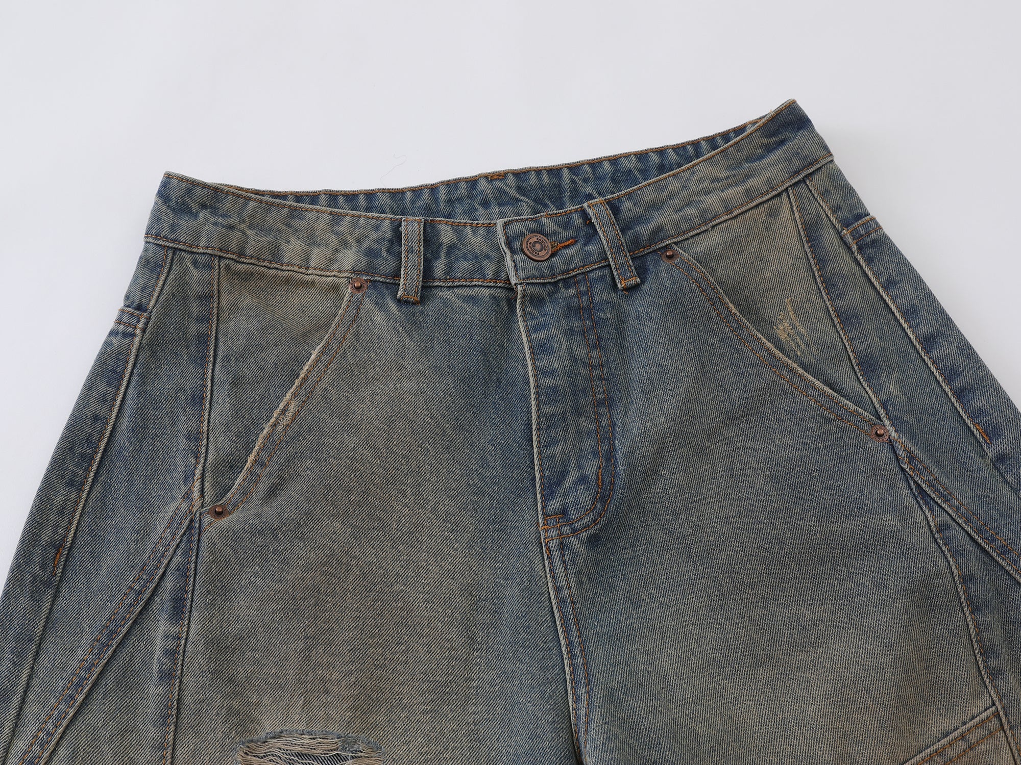 Omirad Distressed Curved Wide-Leg Jeans | Vintage Wash Denim