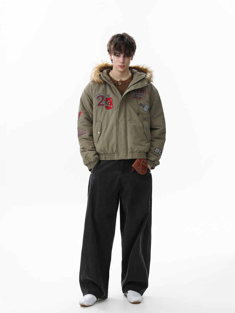 Varsity Patch Faux Fur Hooded Puffer Jacket | Army Green