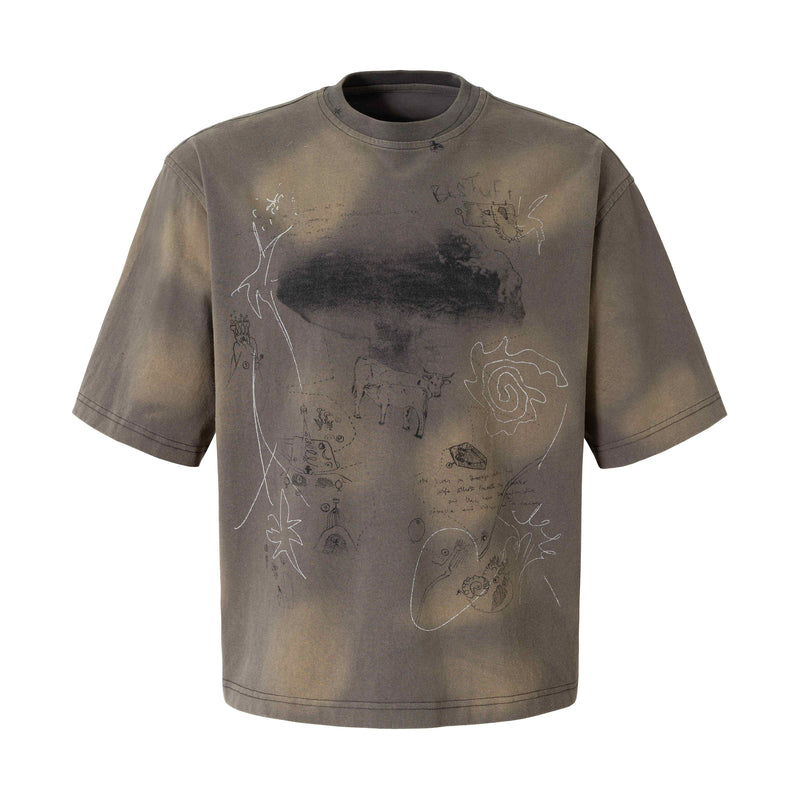 Washed brown abstract sketch tee with oversized fit and hand-drawn graphic print on the front