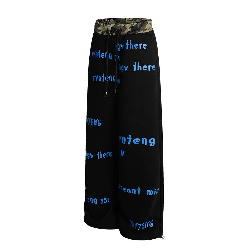 Camo Waist All-Over Text Graphic Wide-Leg Sweatpants