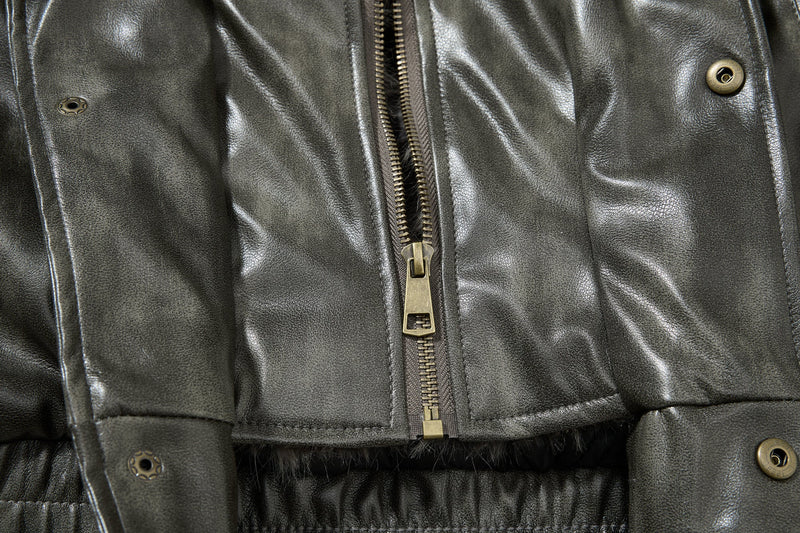 Omirad Faux Leather Bomber Jacket with Faux Fur Collar