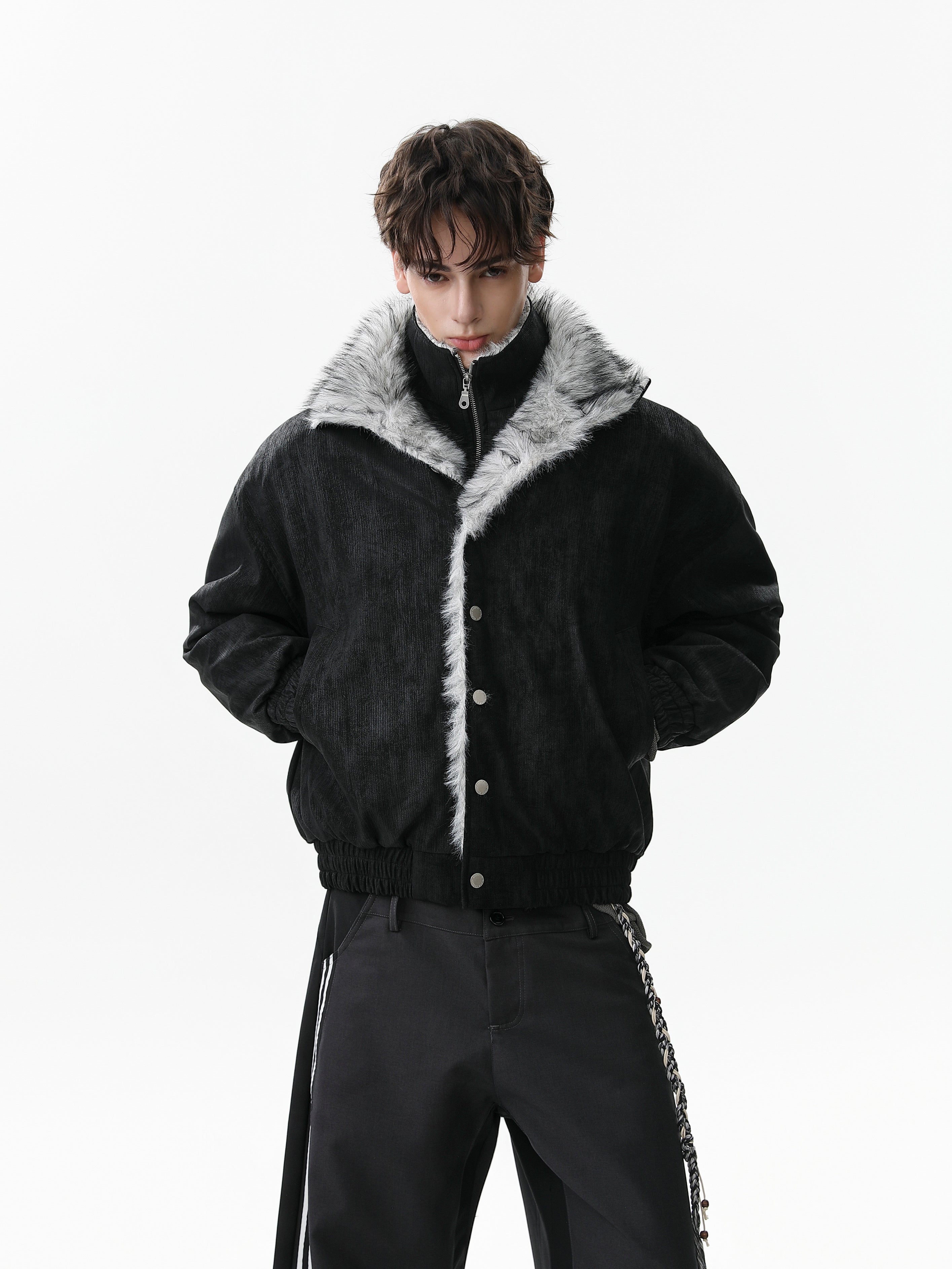 Faux Fur Trim High-Neck Bomber Jacket | Streetwear
