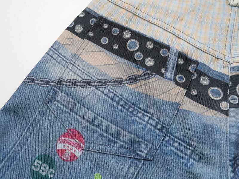 Close-up of the back pocket with chain print, strawberry patch and 59c graphic