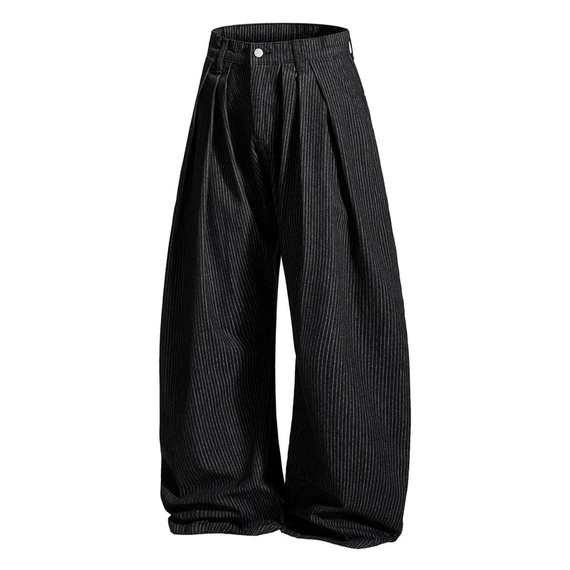 Black pinstripe wide-leg trousers with pleated front, angled front view