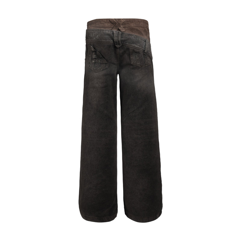 Back view of dark brown wide-leg jeans with layered waistband and rear patch pockets