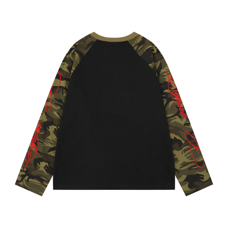 Black raglan long sleeve tee with camouflage sleeves and red script, back view