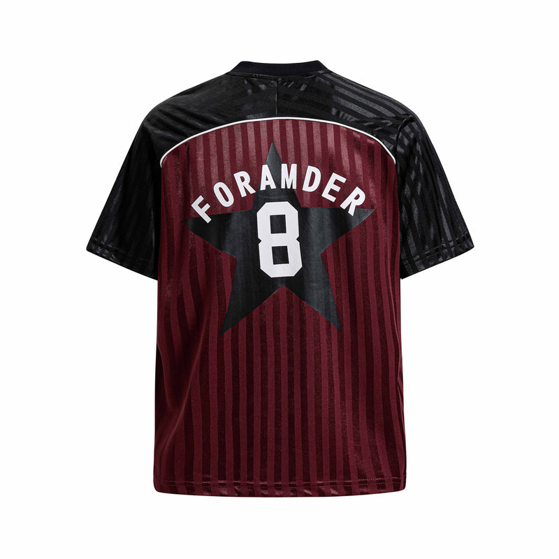 Black and burgundy striped football jersey tee with FORAMDER star graphic and number 8 on the back