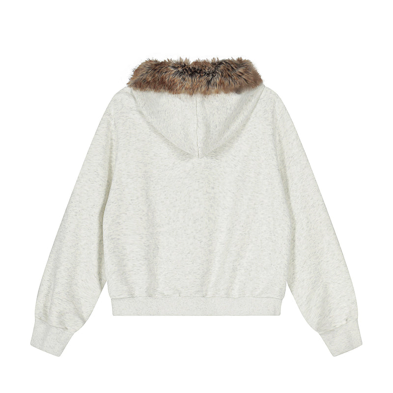 Back view of white hoodie showing faux-fur collar and plain textured fabric