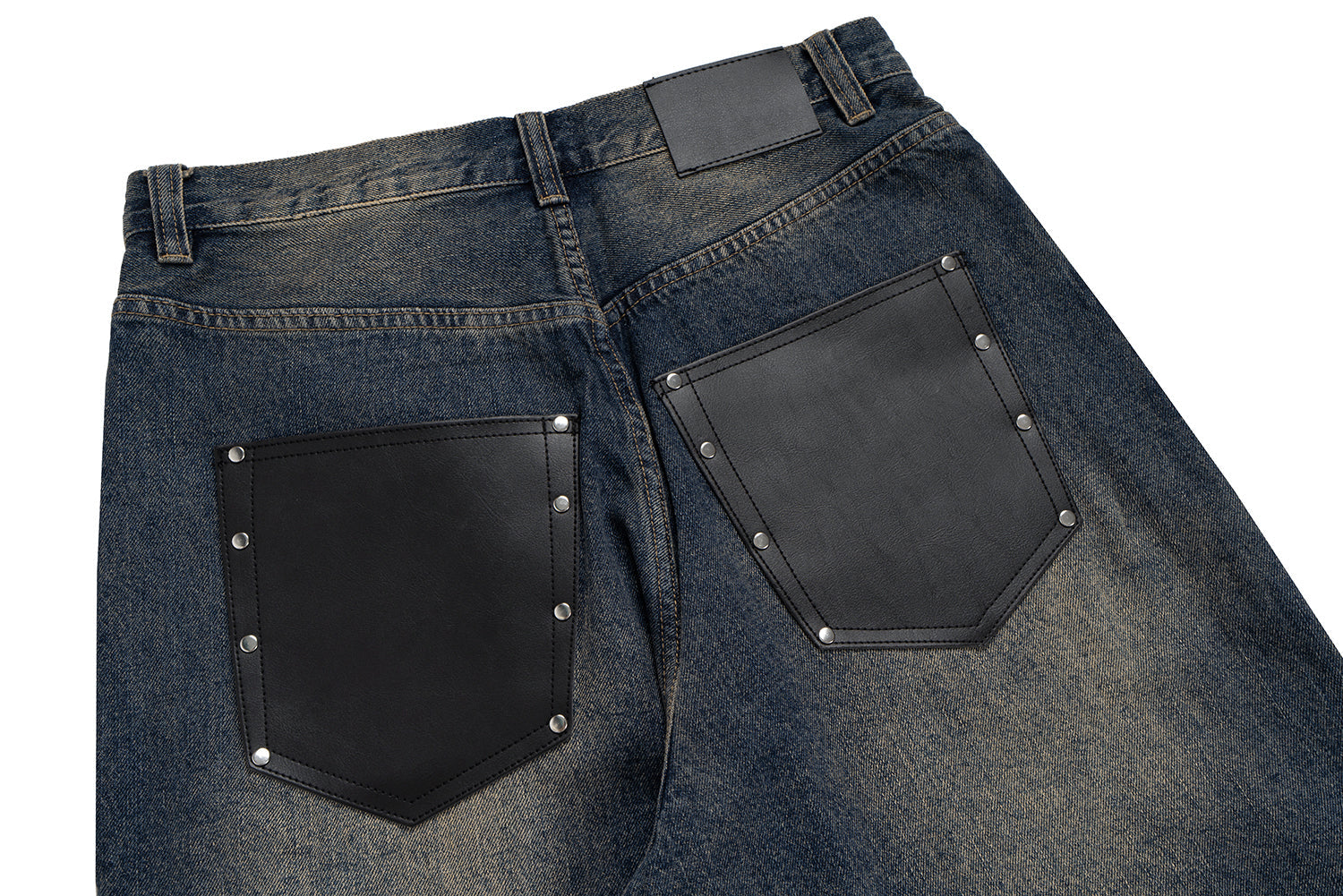 Omirad Distressed Wide-Leg Denim Jeans with Leather Patch Pockets
