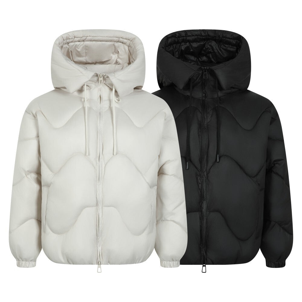 Omirad wave-stitch hooded puffer jackets displayed side by side in off-white and black colorways