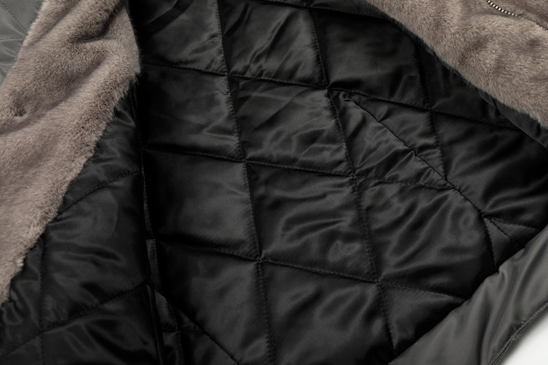 Faux Fur Collar Cropped Nylon Jacket | Smoke Gray & Black
