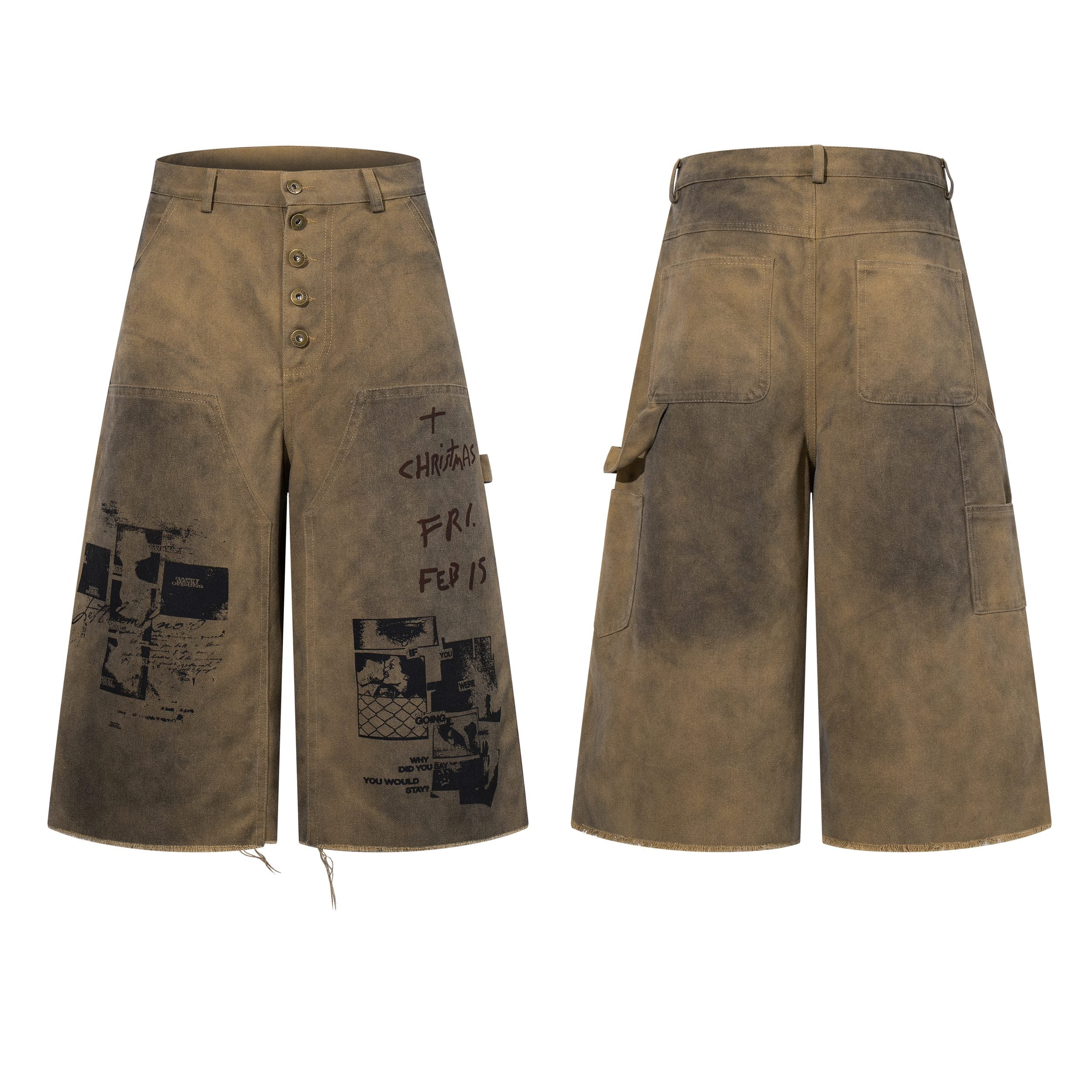 Front and back view of olive washed cargo shorts with distressed graphic prints and button-fly closure