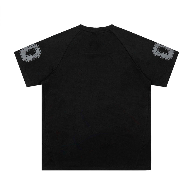 Black varsity T-shirt with gray number patches on the sleeves and athletic raglan seams