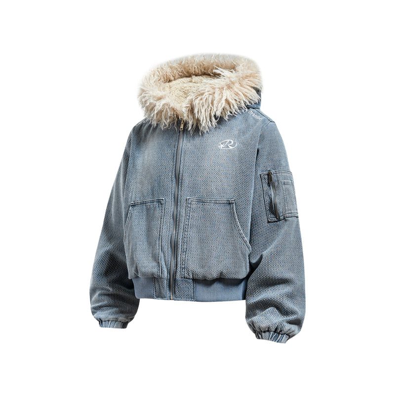 Omirad Fur-Trim Washed Hooded Bomber Jacket | Street Style