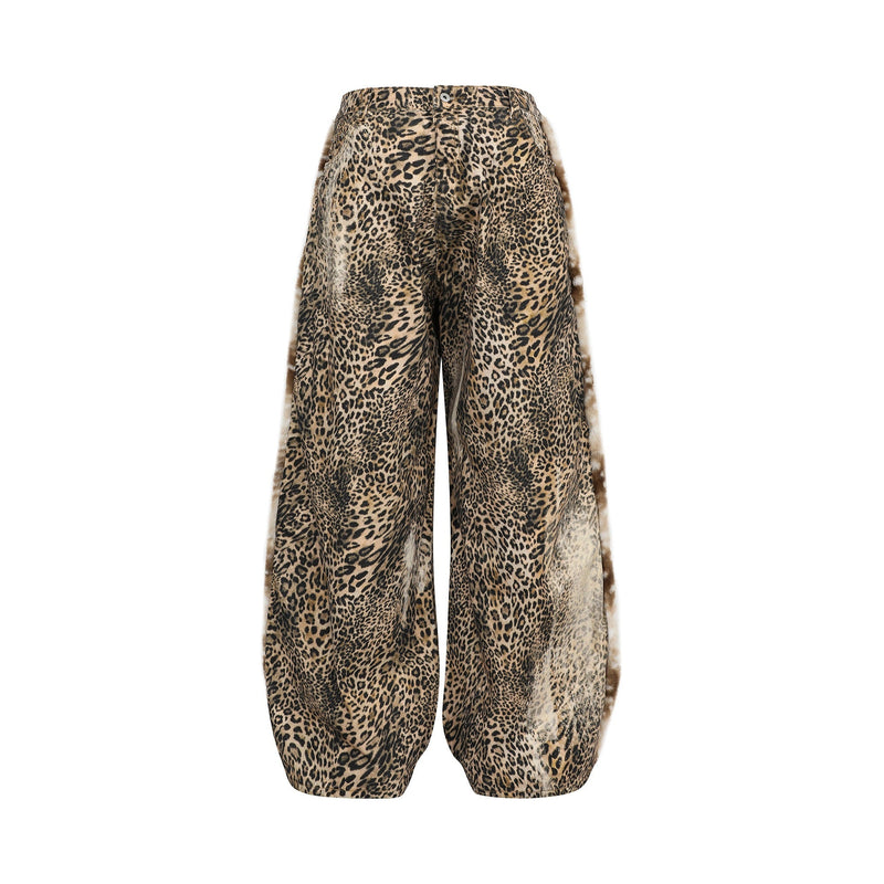 Back view of leopard print wide-leg jeans with fur-trim side panels