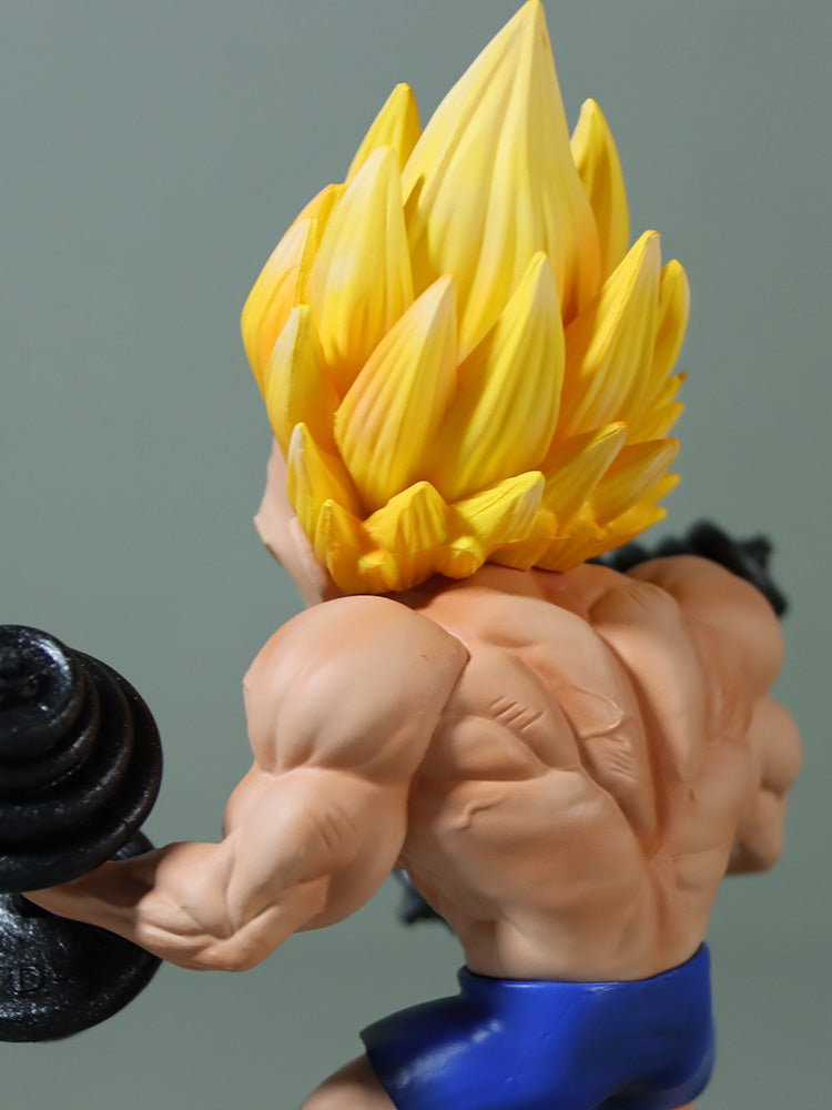 The Seakoff Vegeta Super Saiyan Collectible Figure from Dragon Ball Z shows a 17cm figurine in a weightlifting pose with spiky yellow hair, blue shorts, and holding black dumbbells.