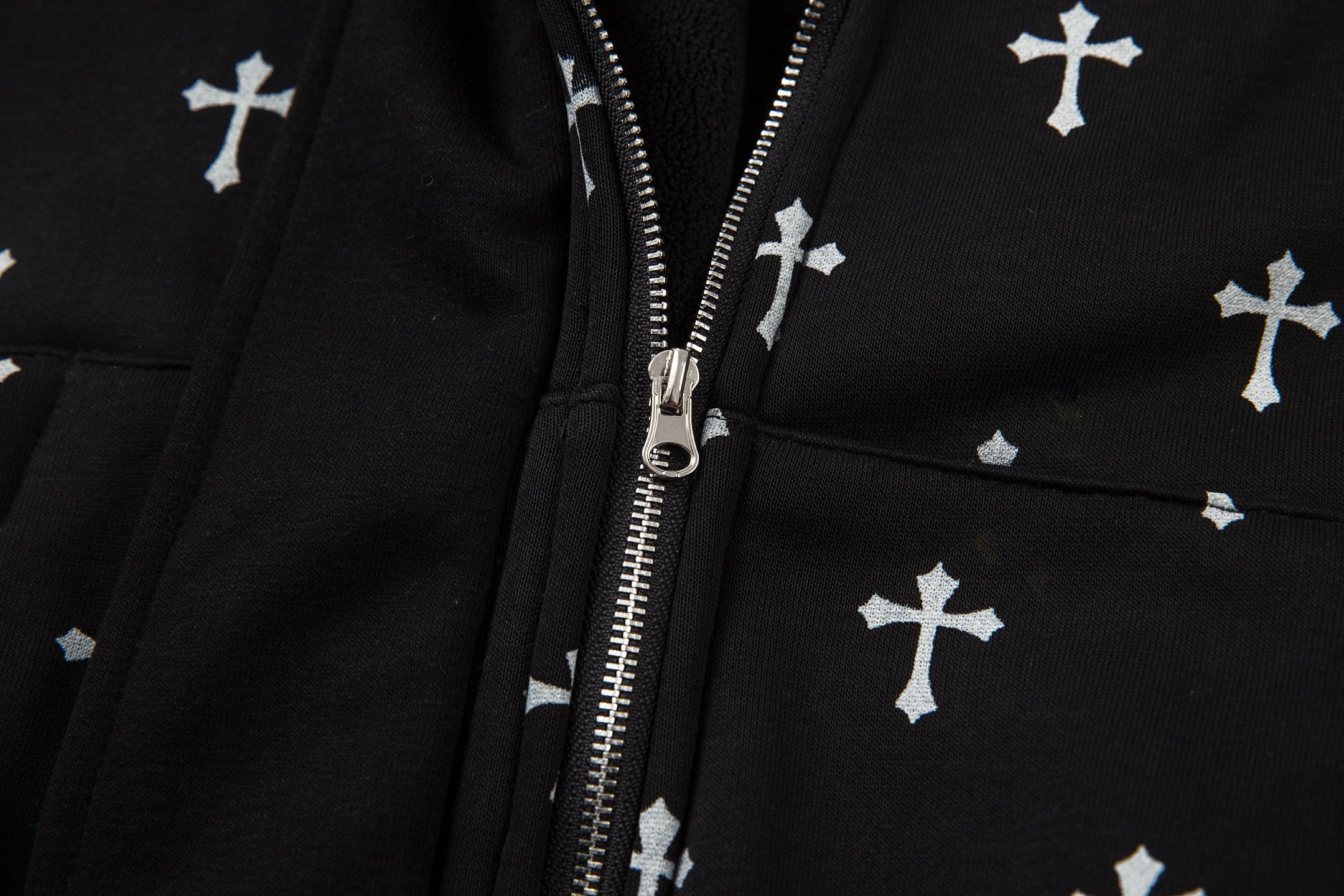 Gothic Cross Print Faux Fur Hooded Bomber Jacket