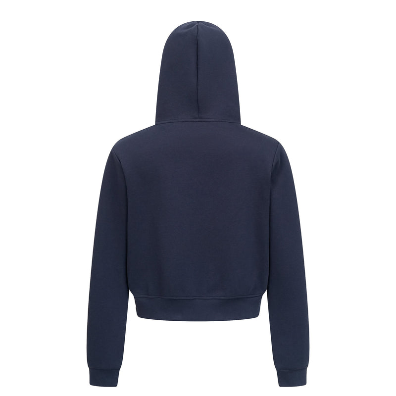 Navy cropped zip hoodie back view with hood up and plain solid back