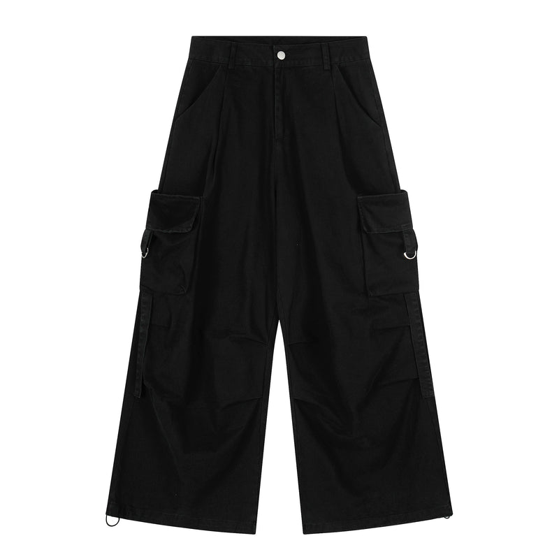Black wide-leg cargo pants with side flap pockets and silver snap button at the waistband